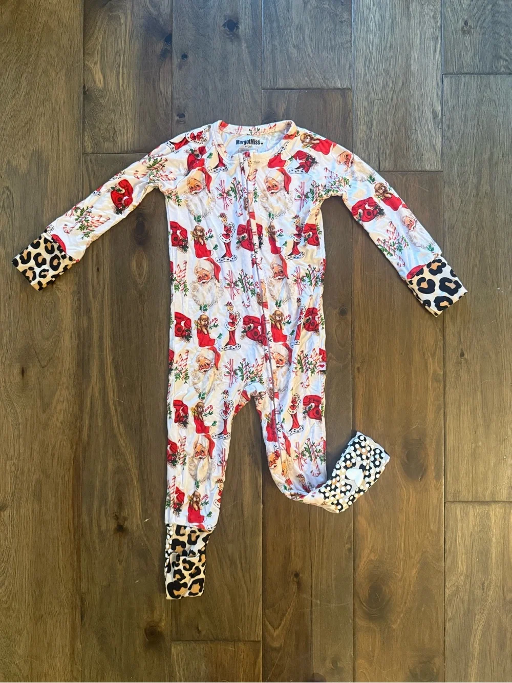 MargotMiss White & Red Santa Print Footie with Leopard Cuffs